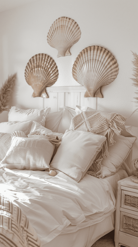 white beachy bedroom inspo with seashell decor