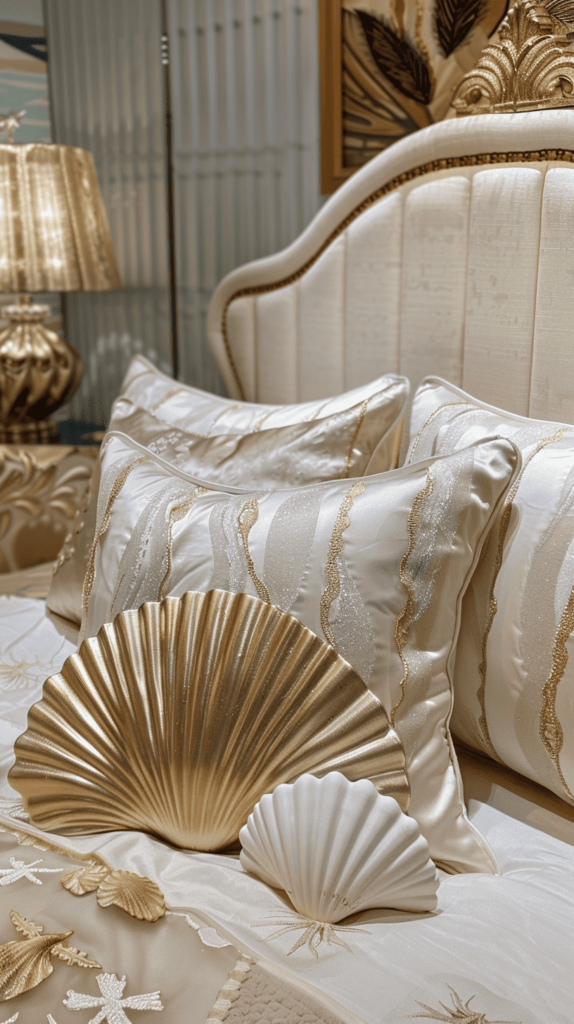 white and gold beachy bedroom inspo with seashell decor