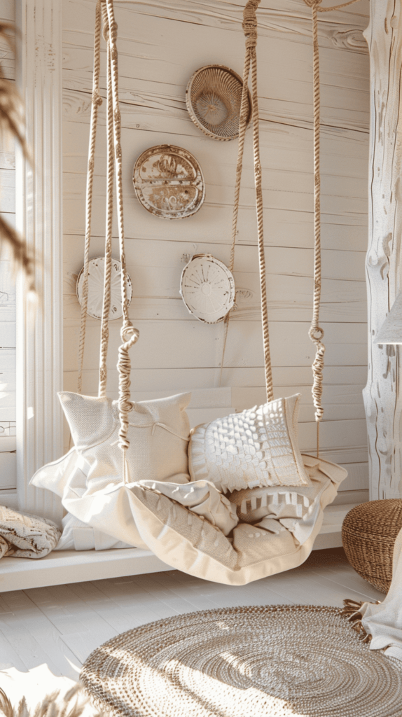 white beachy bedroom inspo with hanging chair