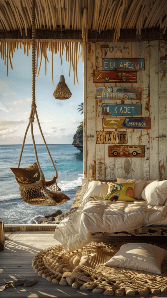 beachy bedroom inspo with hanging chair