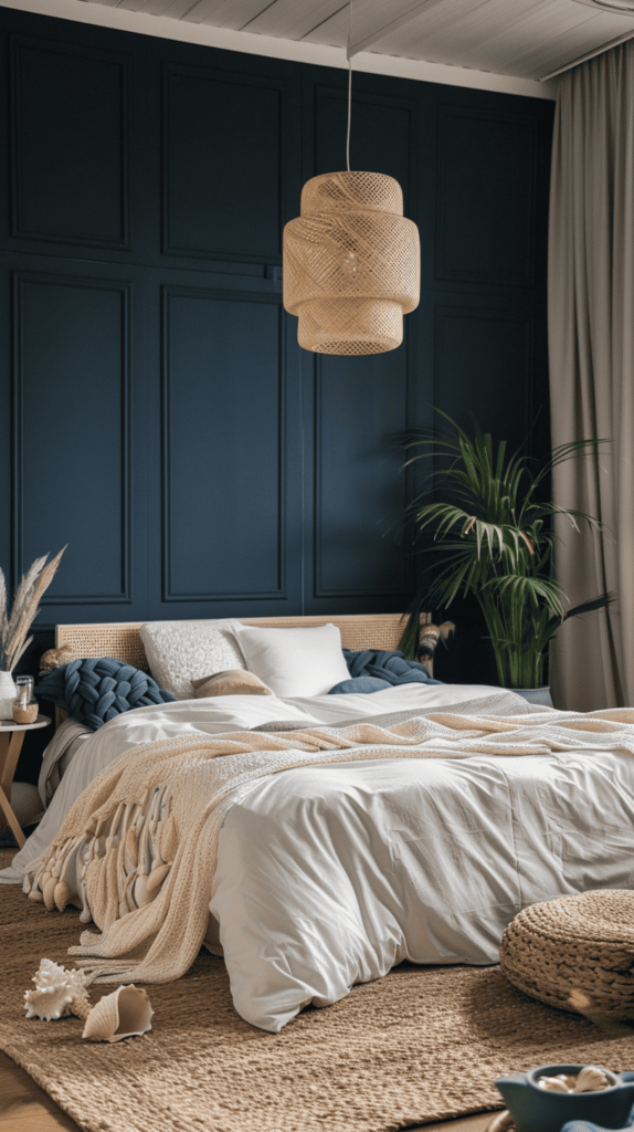 moody farmhouse beachy bedroom inspo with dark blue panel walls