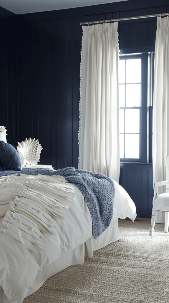 moody farmhouse beachy bedroom inspo with dark blue panel walls
