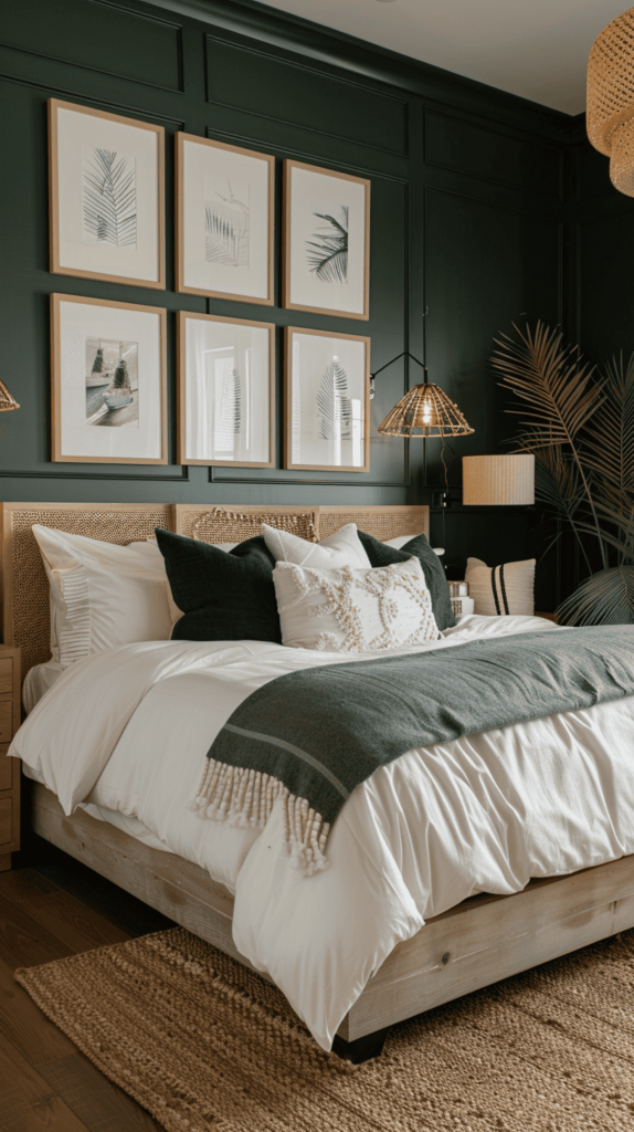modern beachy bedroom inspo with beachy frames and dark green panel walls