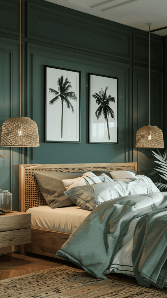 modern beachy bedroom inspo with beachy frames and dark green panel walls