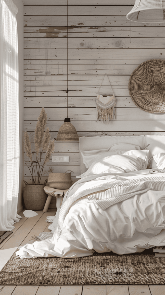 beachy bedroom inspo with ratan and macrame decor