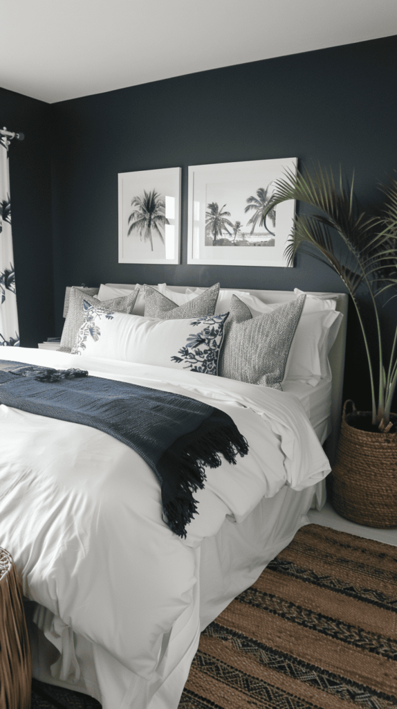 dark blue beachy bedroom with potted palm plant and beachy frames