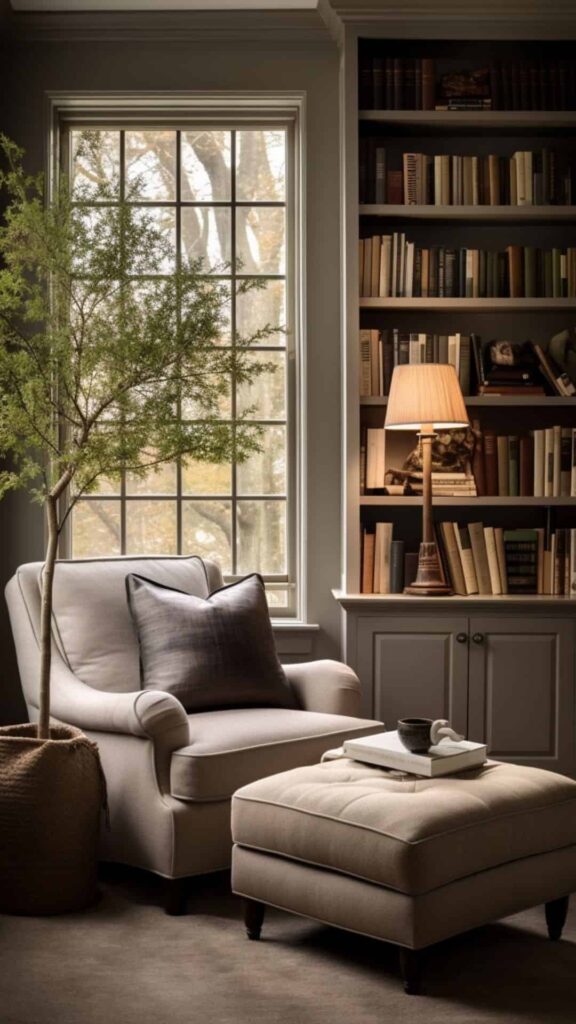beige tone modern reading nook in front of window