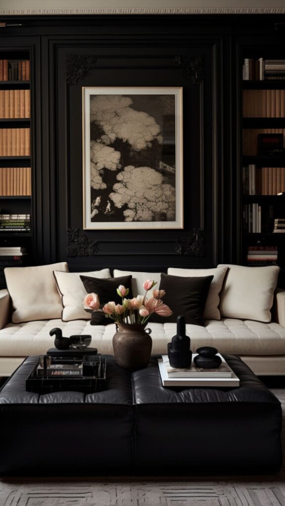 black living room with black walls and table and light colored couch