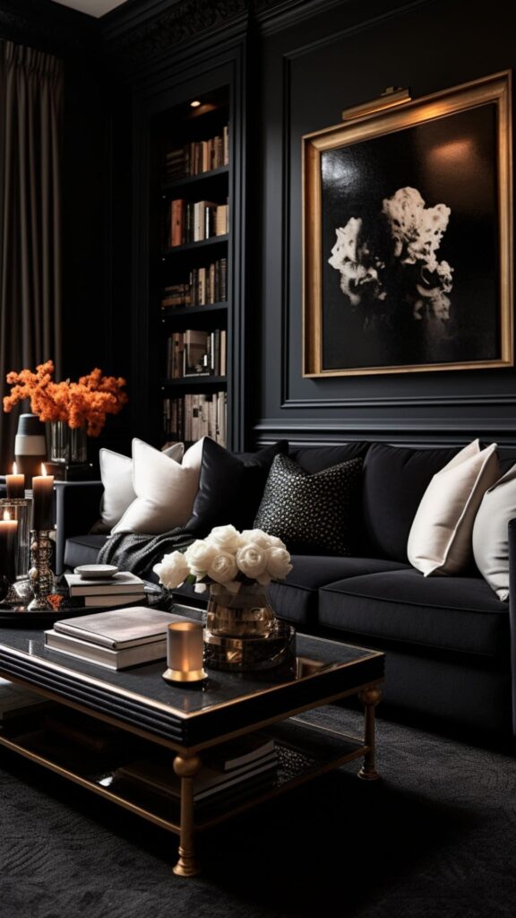 black living room with touch of neutral