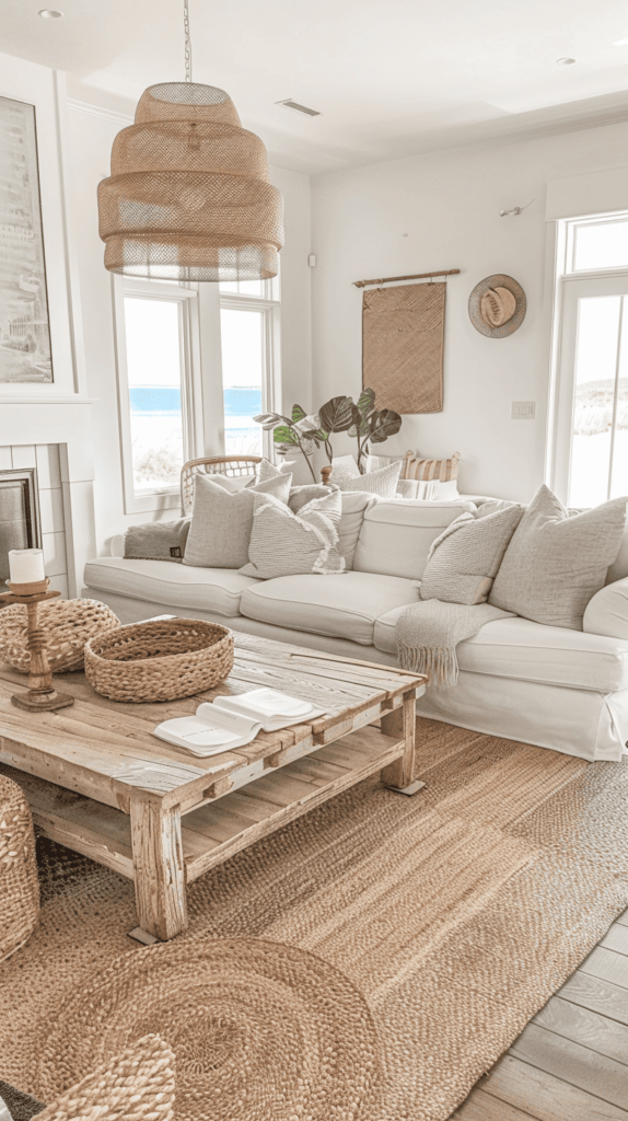 white and natural tones coastal living room
