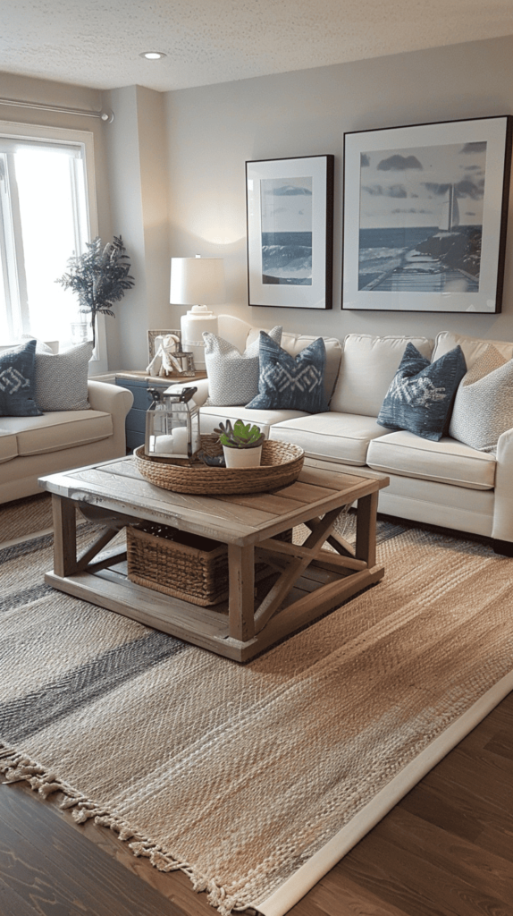 white, blue and natural tones coastal living room