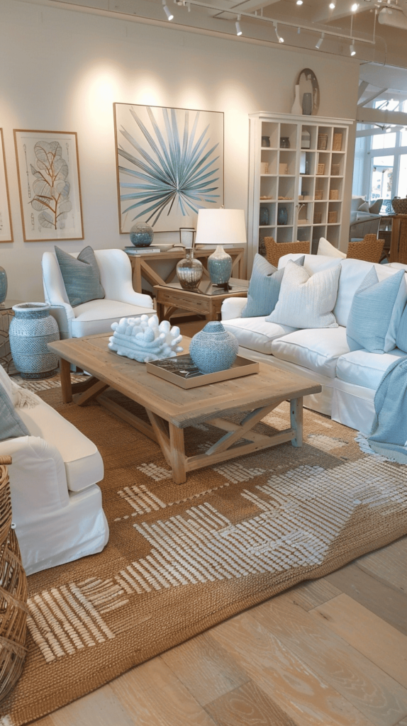 white, blue and natural tones coastal living room