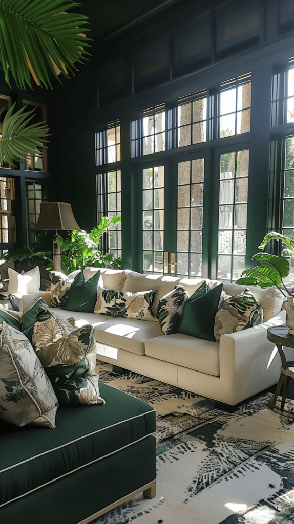 darker moody coastal living room with green tones