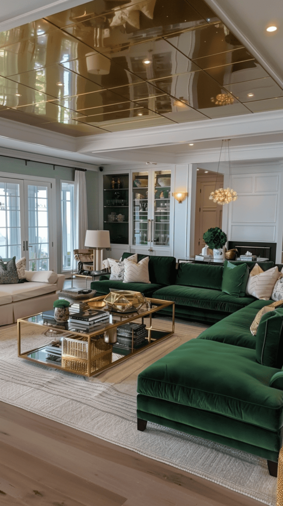 darker moody coastal living room with green tones
