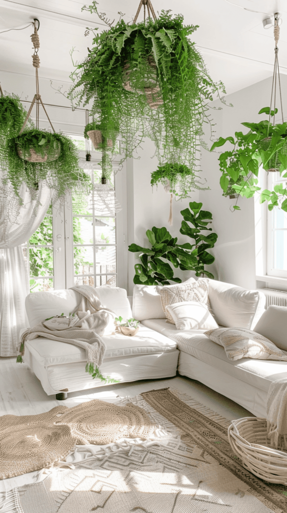 coastal living room with hanging plants