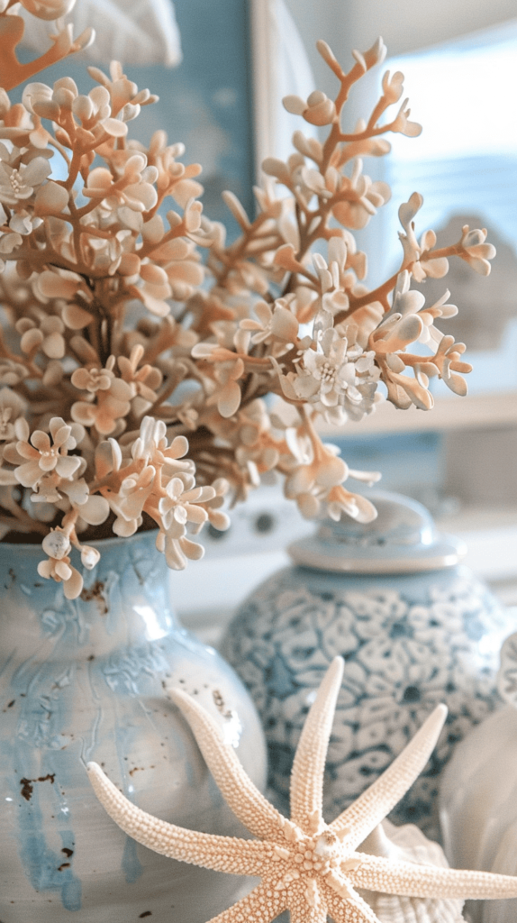 blue and white vase with seashell decor