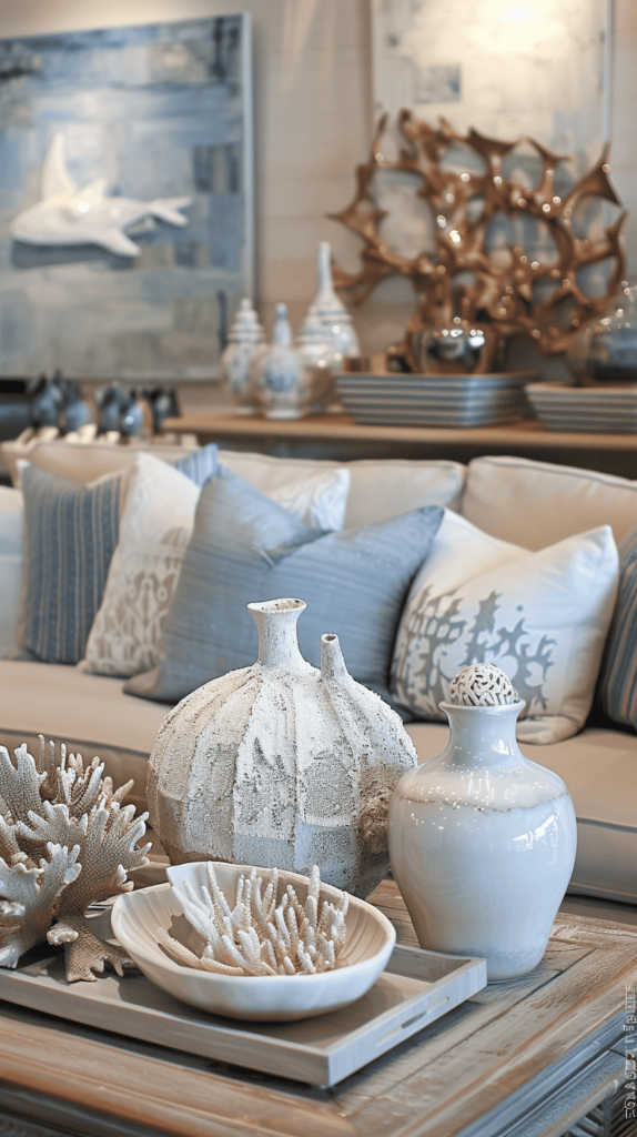 vase with seashell decor in coastal living room