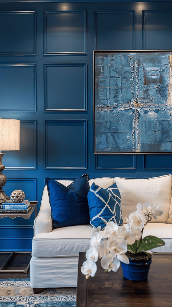 blue wall panels in coastal living room