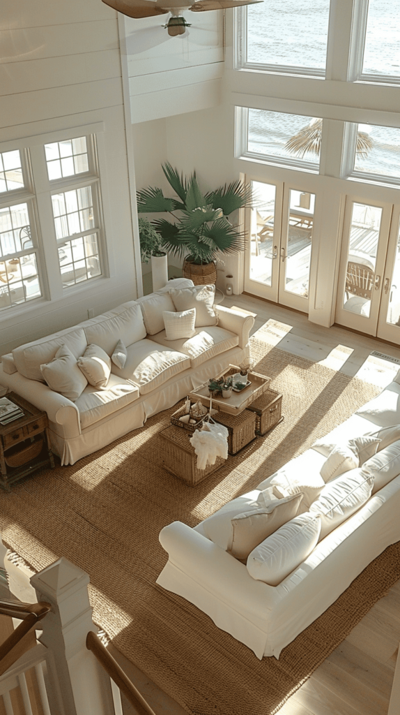 white and natural tones coastal living room with green plant
