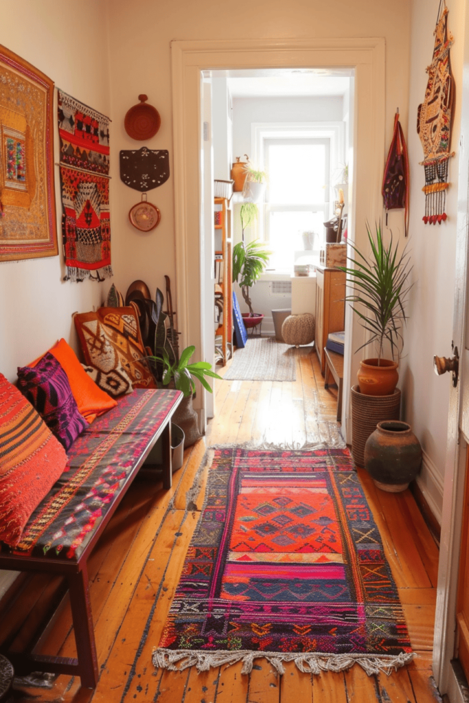 colorful entryway ideas with colorful pillows, rugs and bench