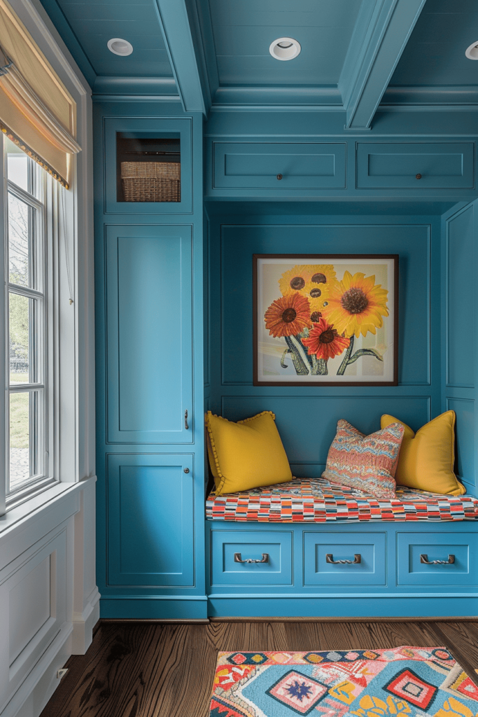 colorful entryway ideas with blue bench