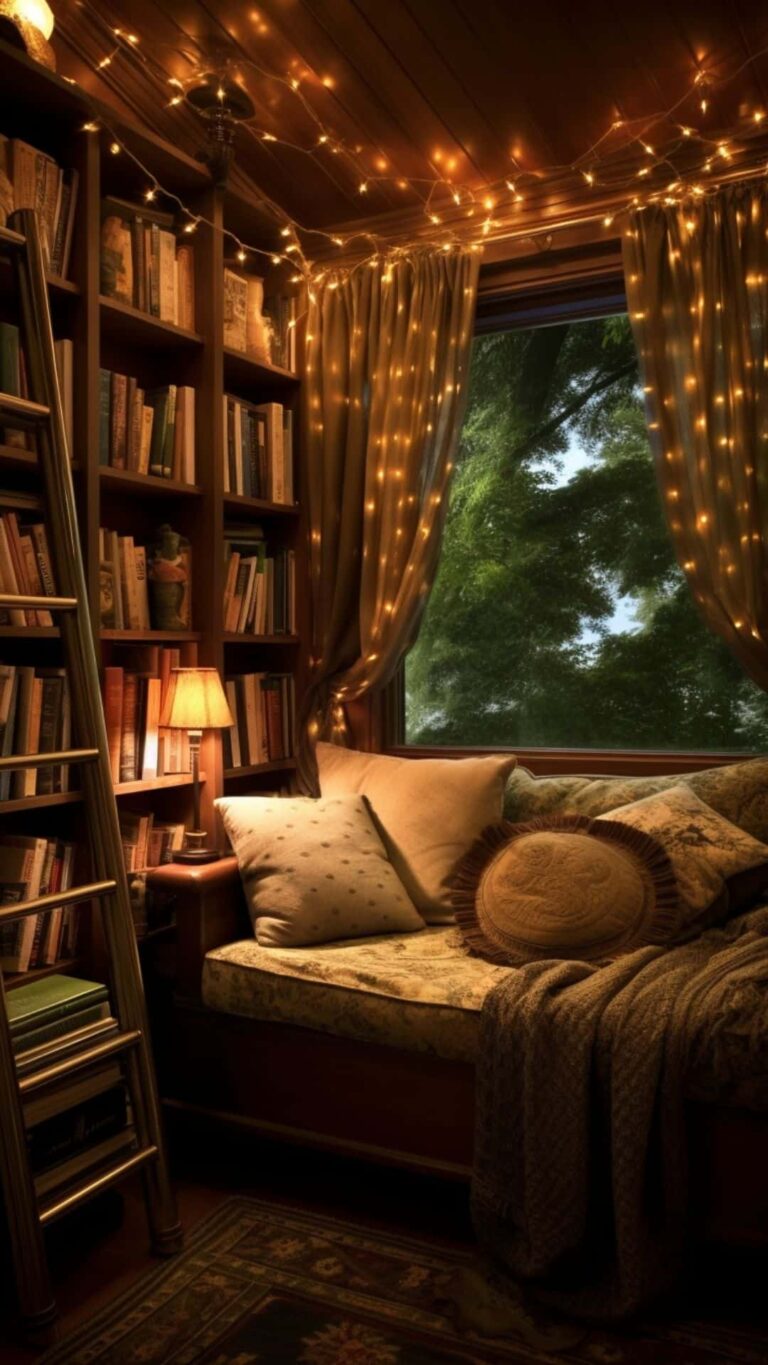 cozy reading nook with books and twinkly lights by window