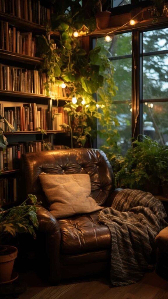 cozy reading nook with leather couch, twinkly lights and indoor plants