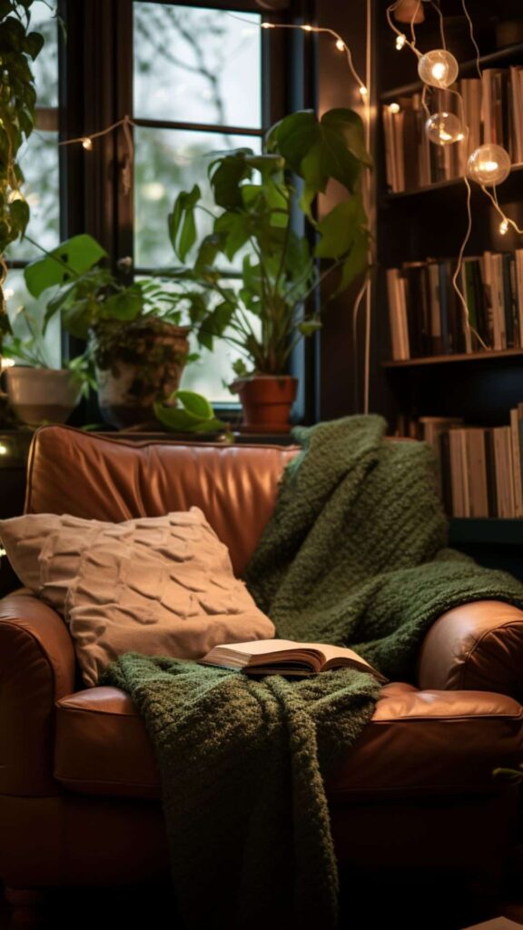 cozy reading nook with leather couch, twinkly lights and indoor plants and green blanket