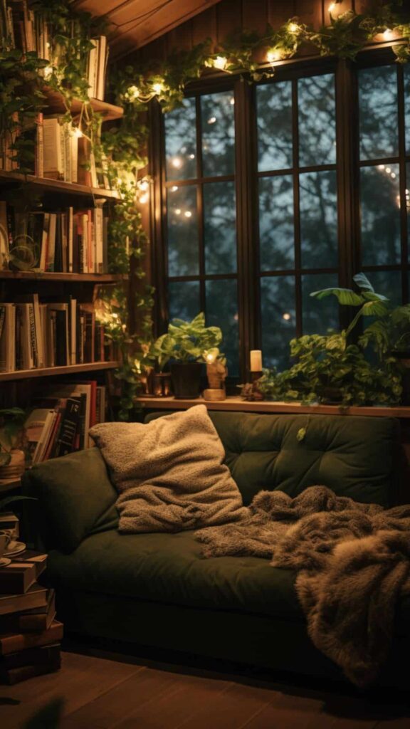cozy reading nook with leather couch, twinkly lights and indoor plants with framed windows