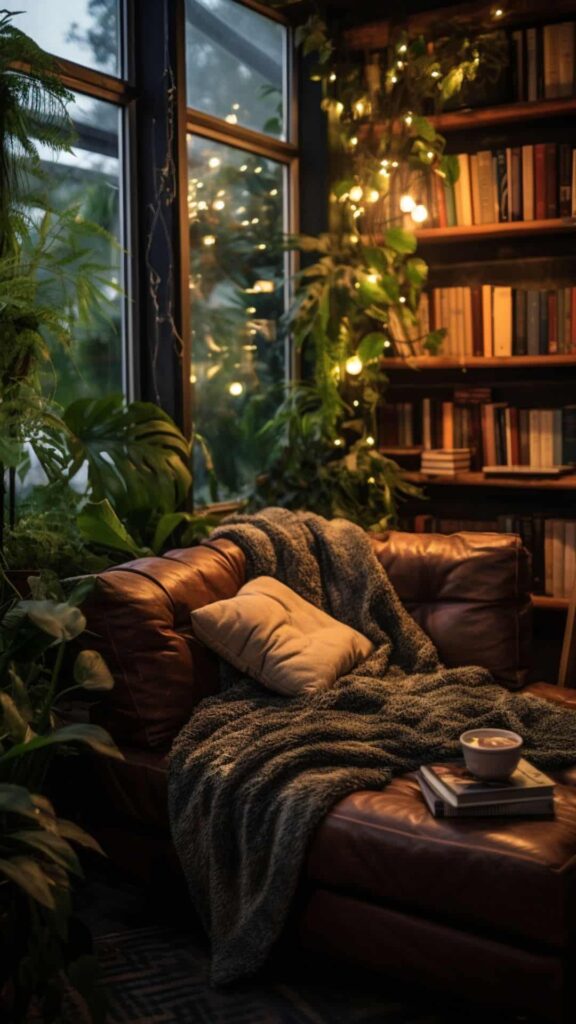 cozy reading nook with leather couch, twinkly lights and large indoor plants