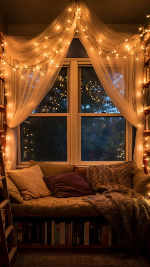 cozy reading nook with twinkly lights