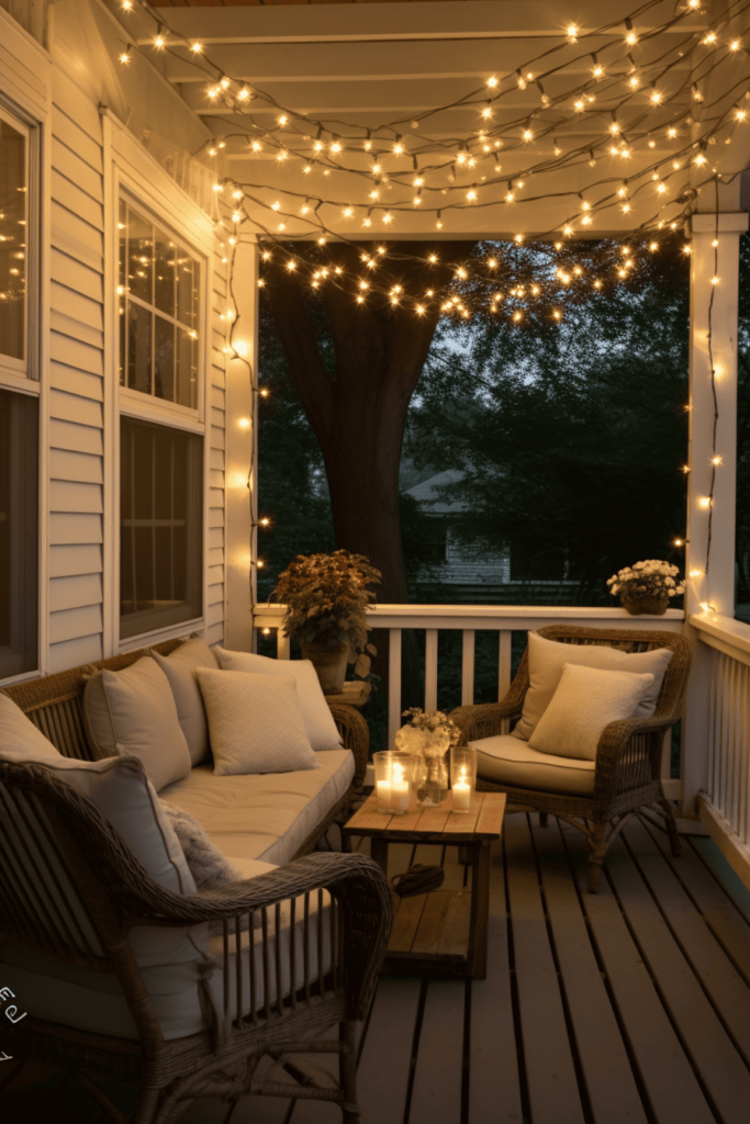 front porch with string lights