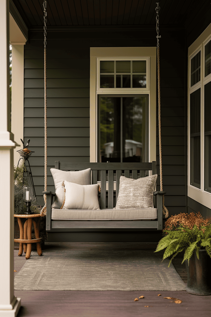 dark green front porch with ferns and white pillows and swinging chair