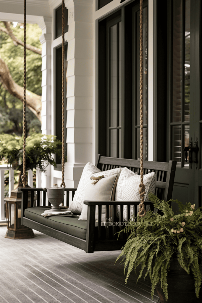 dark green front porch with ferns and white pillows and swinging chair