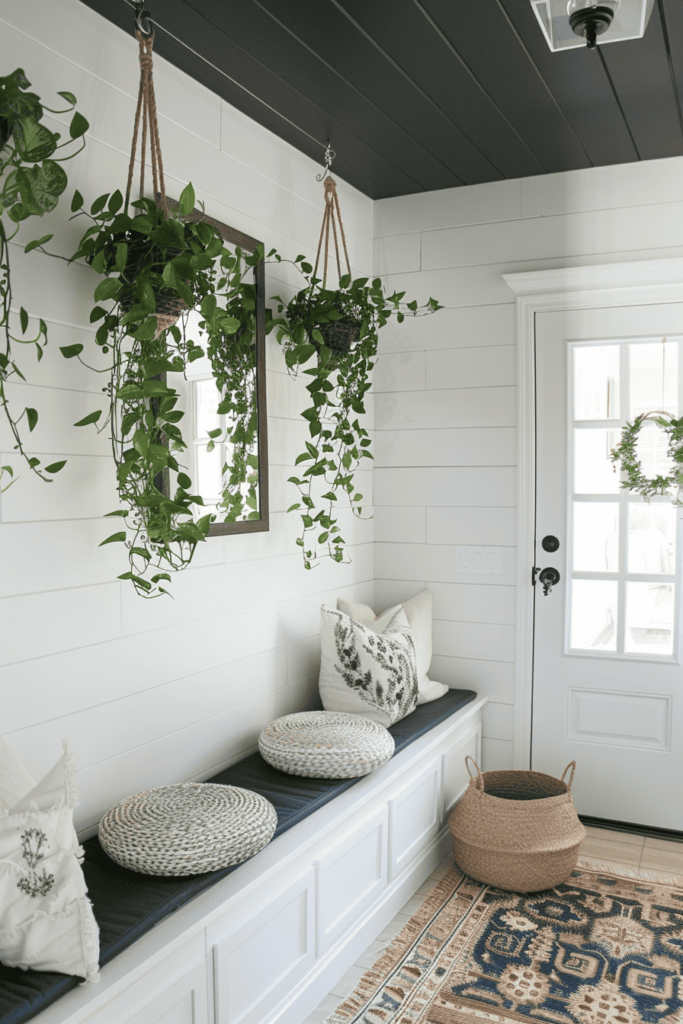 white entryway ideas with greenery