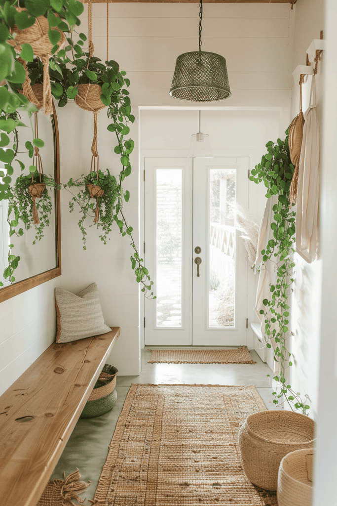 entryway ideas with greenery with wooden bench