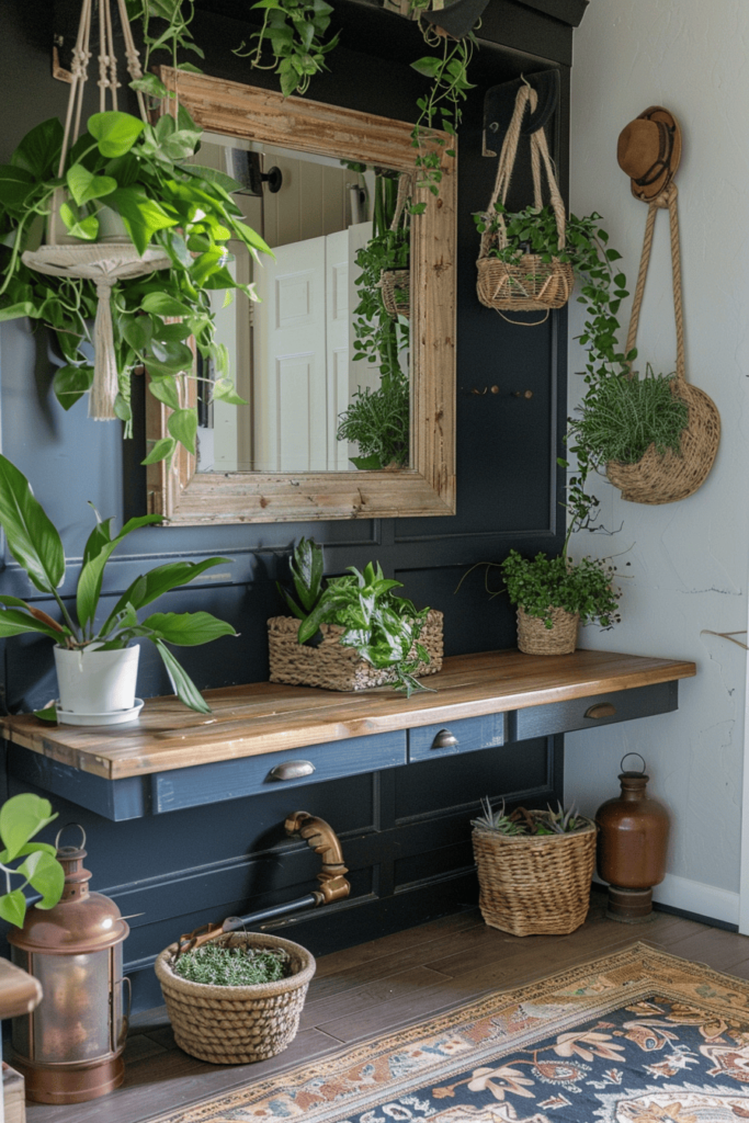 entryway ideas with greenery with mirror and blue walls