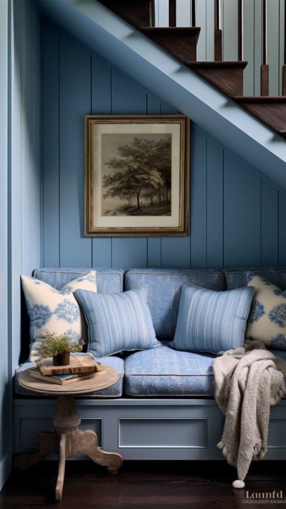 farmhouse reading nook under the stairs