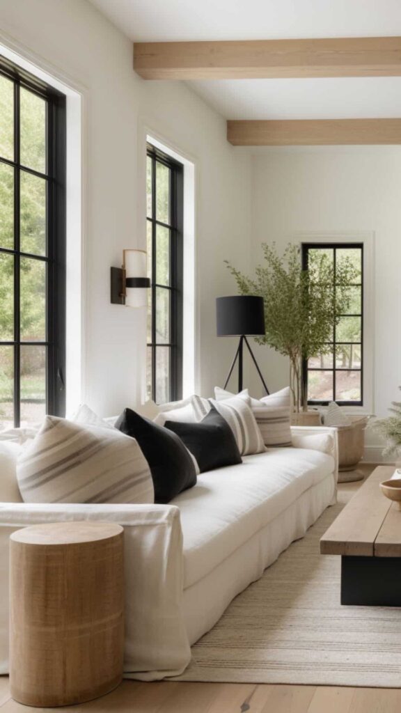 farmhouse style neutral living room with black touches