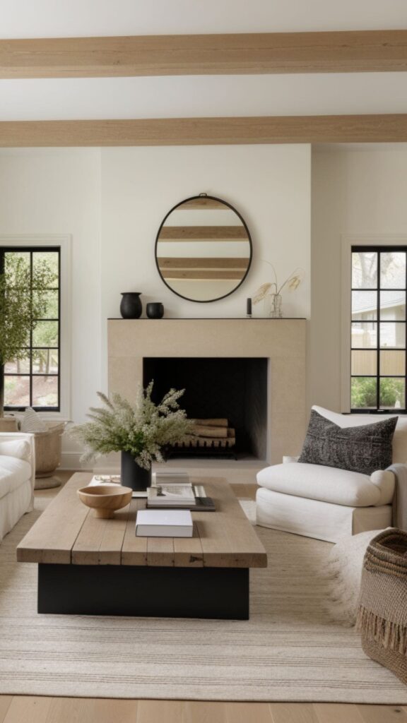 farmhouse style neutral living room with black touches and fireplace