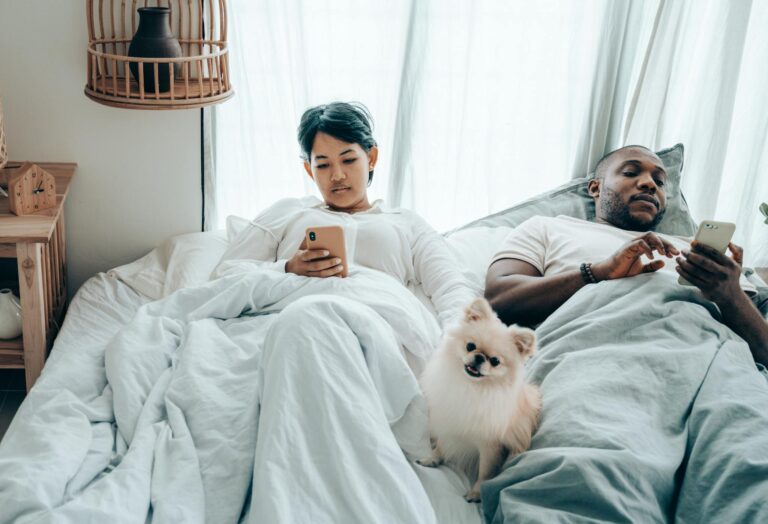 Focused young diverse spouses lying in bed in morning with cute Pomeranian Spitz and browsing smartphones
