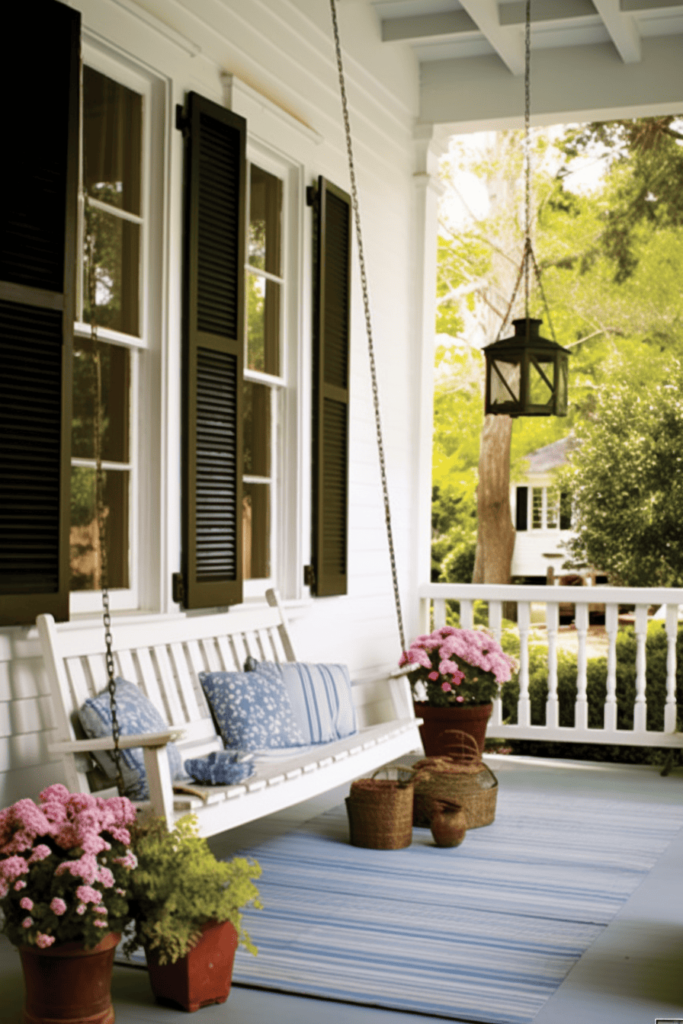 front porch with swinging white chair and flowers