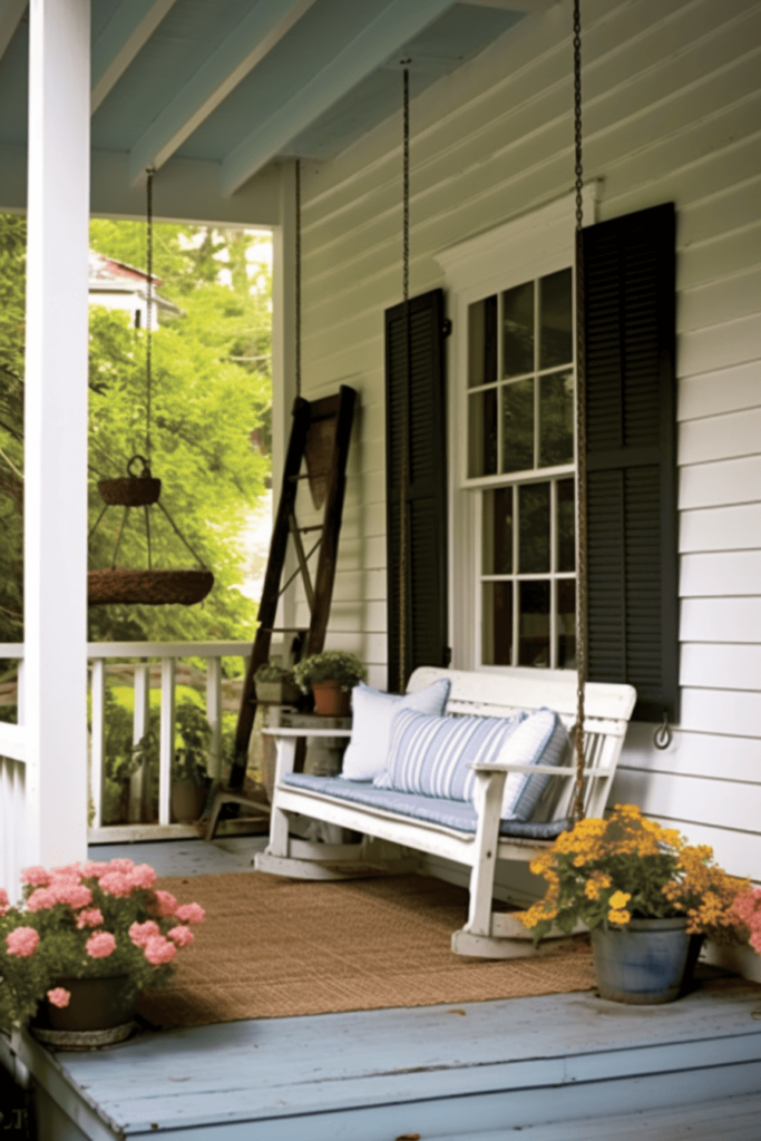 front porch with swinging white chair and flowers