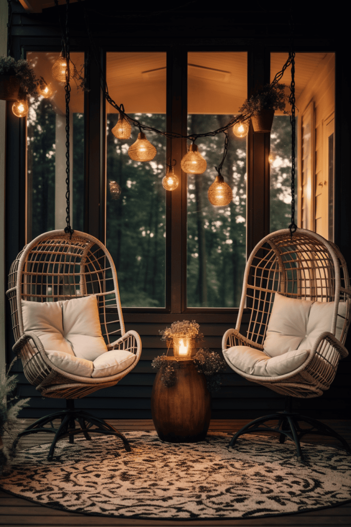 front porch with string lights and egg chairs