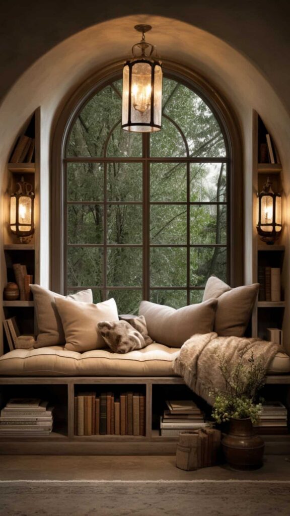 modern arched cozy reading nook in beige tones