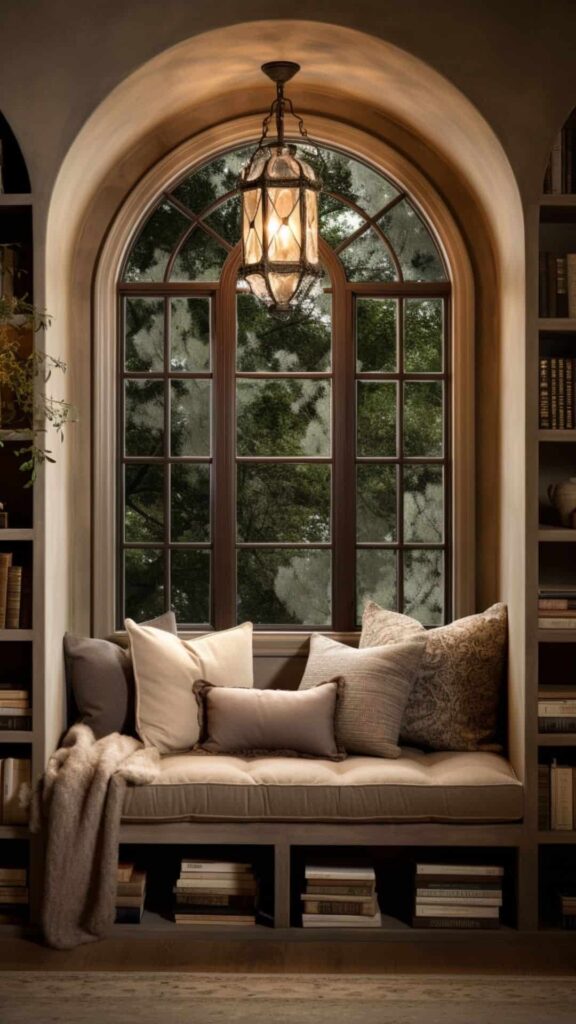 modern arched cozy reading nook in beige tones with framed windows