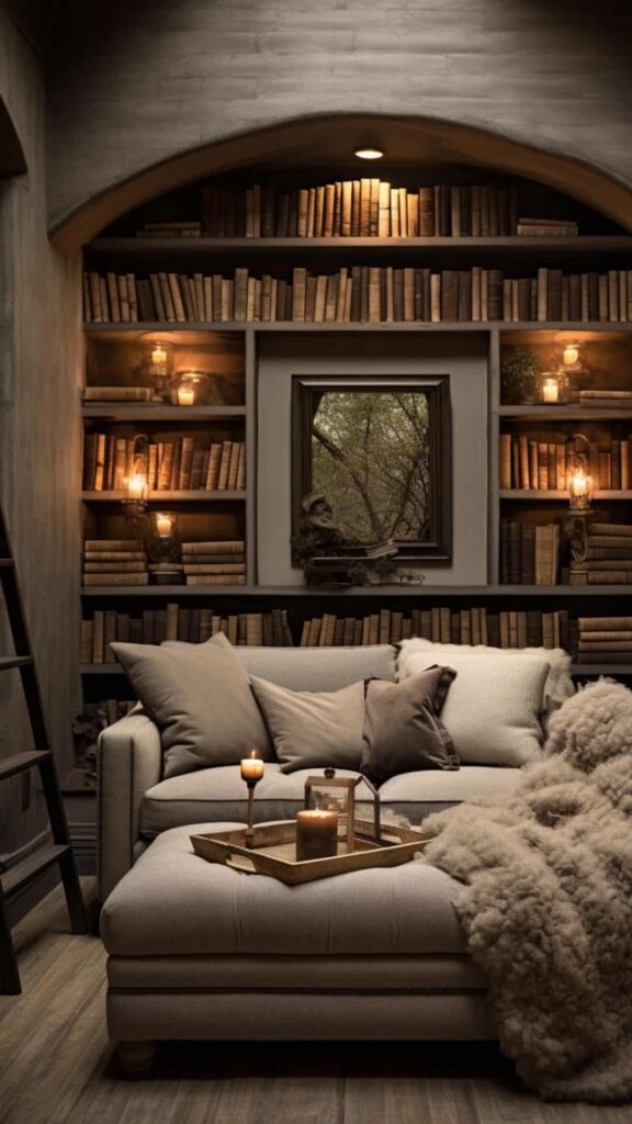 modern arched cozy reading nook in beige tones with library and lights