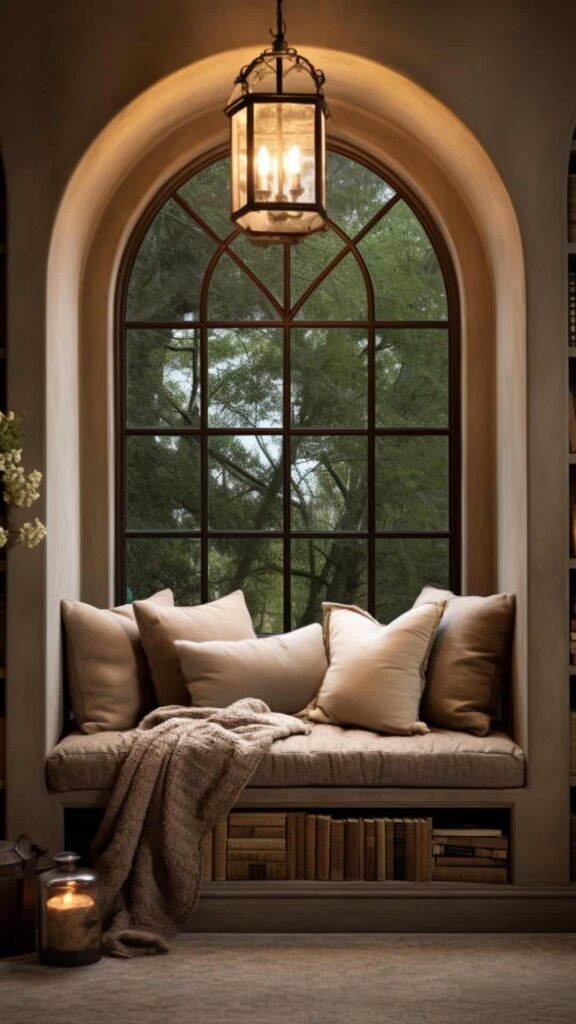 modern arched window cozy reading nook in beige tones