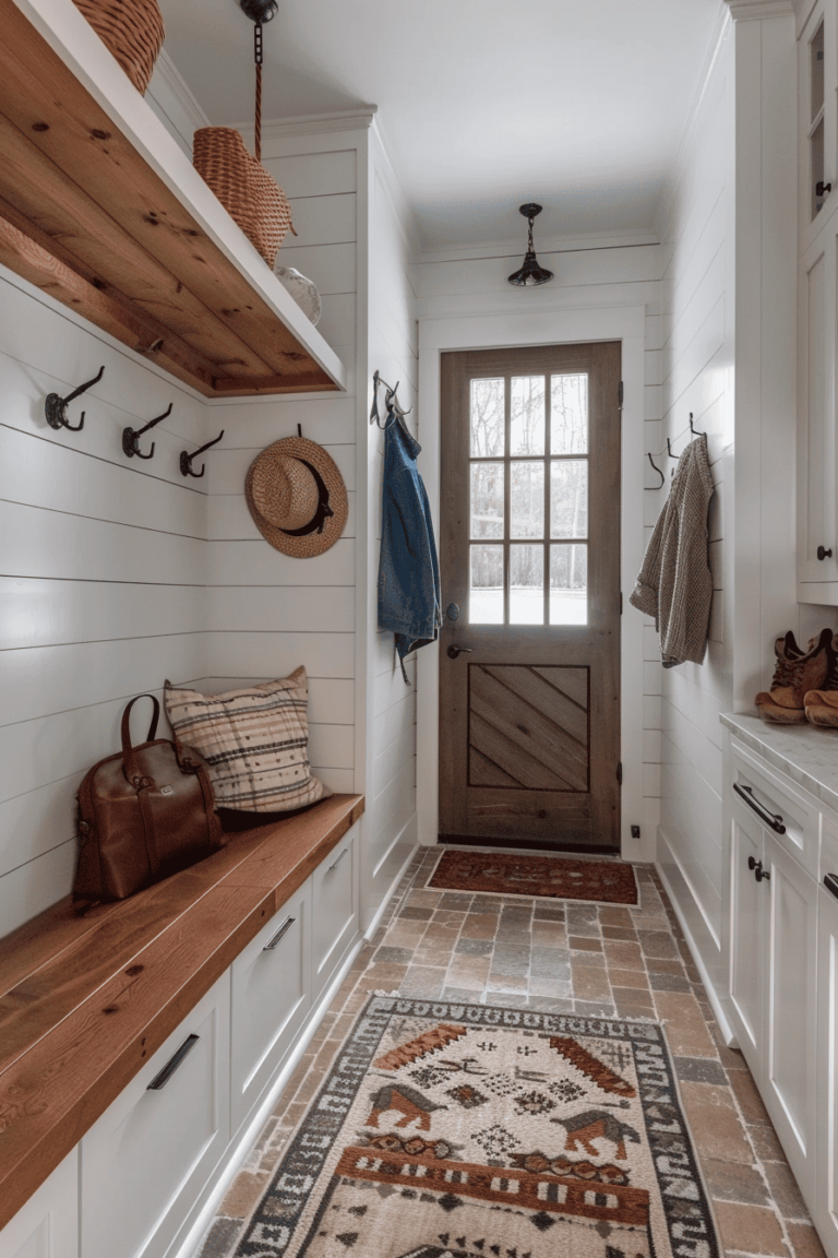 modern farmhouse mudroom with wood and brown touches
