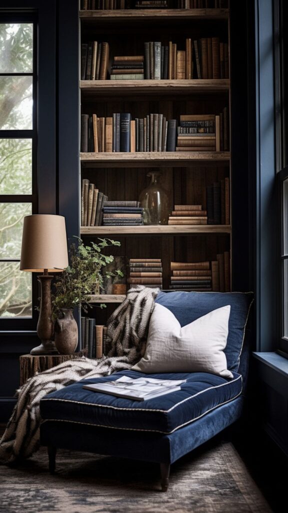 modern farmhouse reading nook with blue reading chair